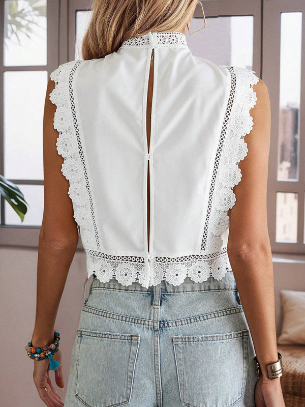Lace embroidered plant round neck sleeveless hollow chiffon shirt