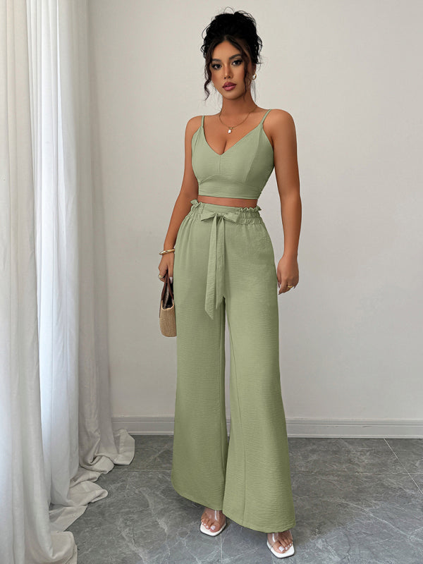 Green Suspender Vest Wide Leg Pants Two-Piece Set