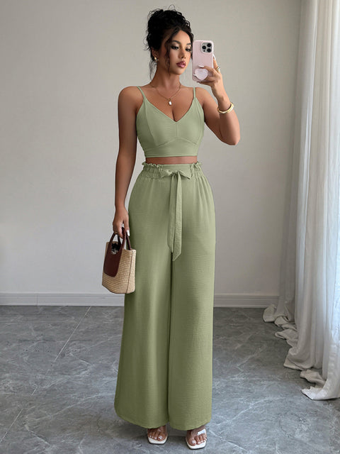 Green Suspender Vest Wide Leg Pants Two-Piece Set