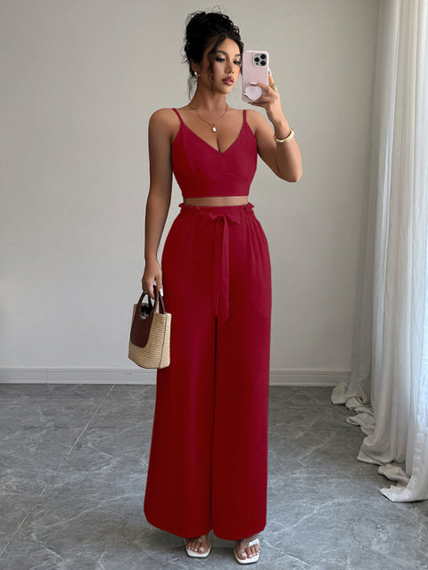 Burgundy suspender vest wide-leg pants two-piece  set