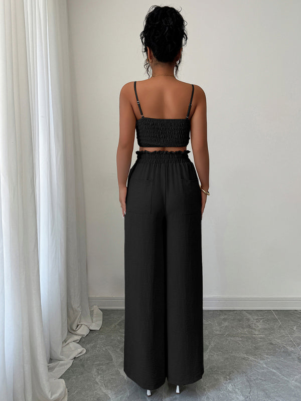 Black suspender vest wide-leg pants two-piece set