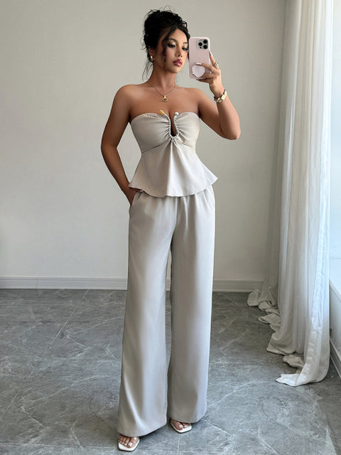 Elegant and simple design tube top straight pants suit