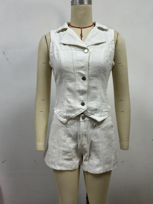 Ladies new denim jacket vest shorts set