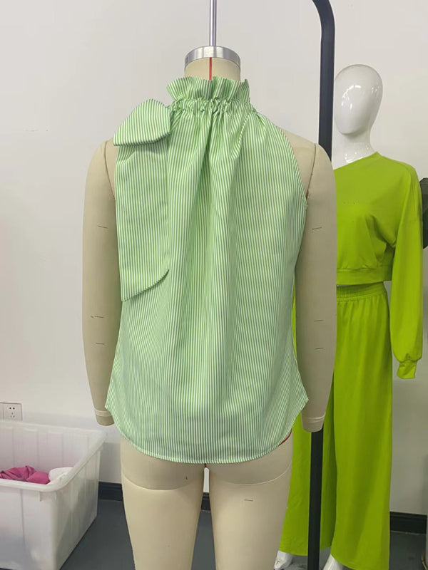 Fashionable and casual sleeveless striped high-neck tie-knot shirt