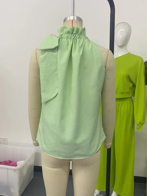 Fashionable and casual sleeveless striped high-neck tie-knot shirt