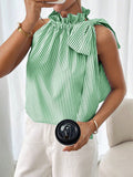 Fashionable and casual sleeveless striped high-neck tie-knot shirt