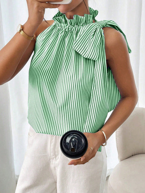 Fashionable and casual sleeveless striped high-neck tie-knot shirt