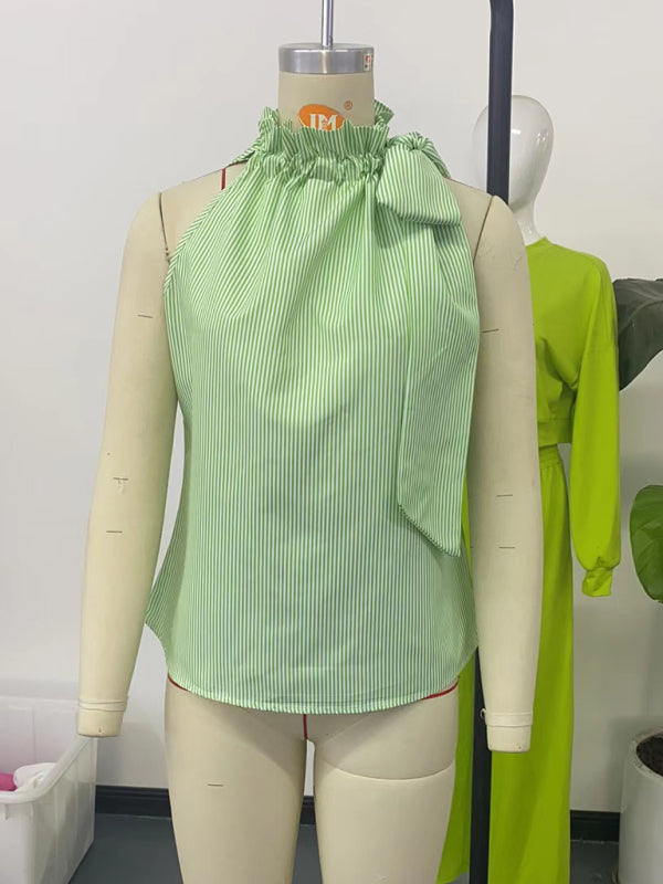Fashionable and casual sleeveless striped high-neck tie-knot shirt