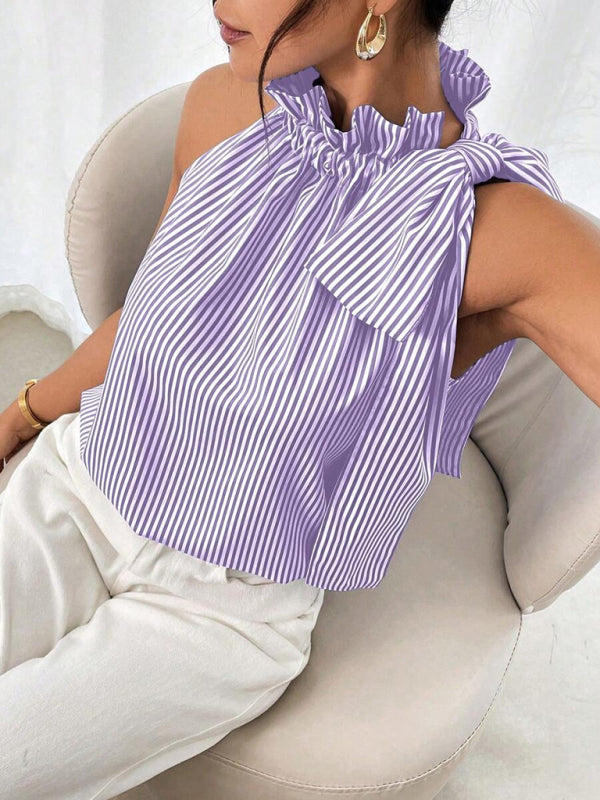Fashionable and casual sleeveless striped high-neck tie-knot shirt