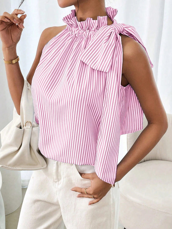 Fashionable and casual sleeveless striped high-neck tie-knot shirt
