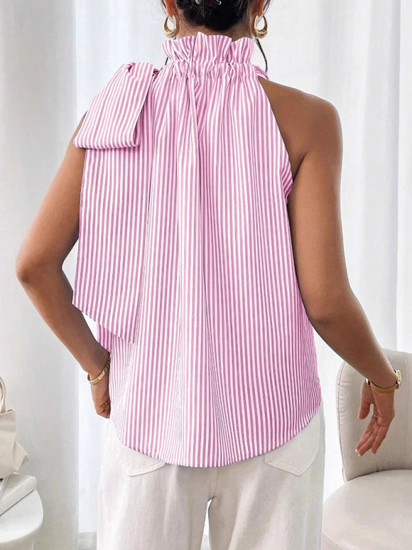 Fashionable and casual sleeveless striped high-neck tie-knot shirt