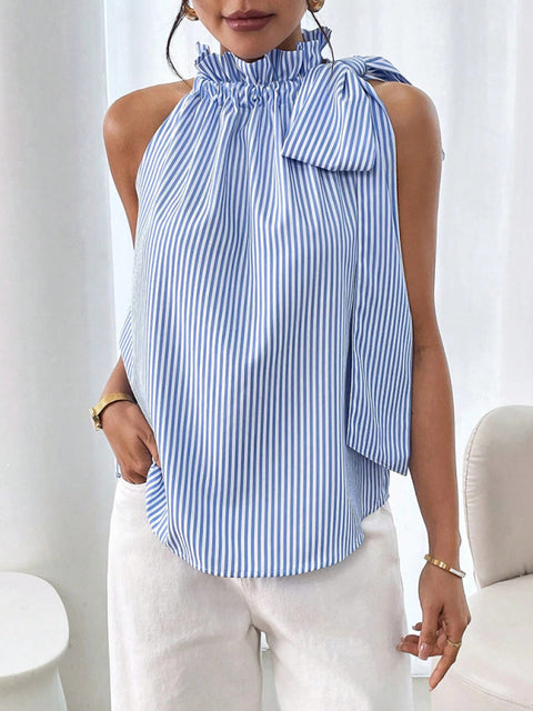 Fashionable and casual sleeveless striped high-neck tie-knot shirt