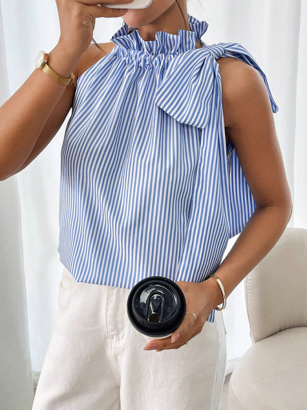 Fashionable and casual sleeveless striped high-neck tie-knot shirt