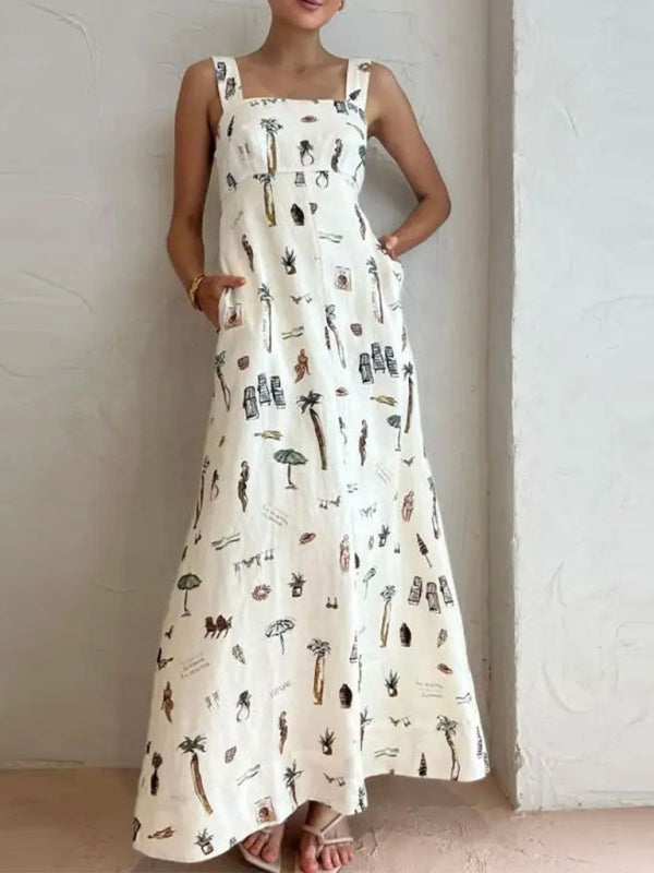 Women's Sleeveless Lace-up Suspender Sexy Print Dress