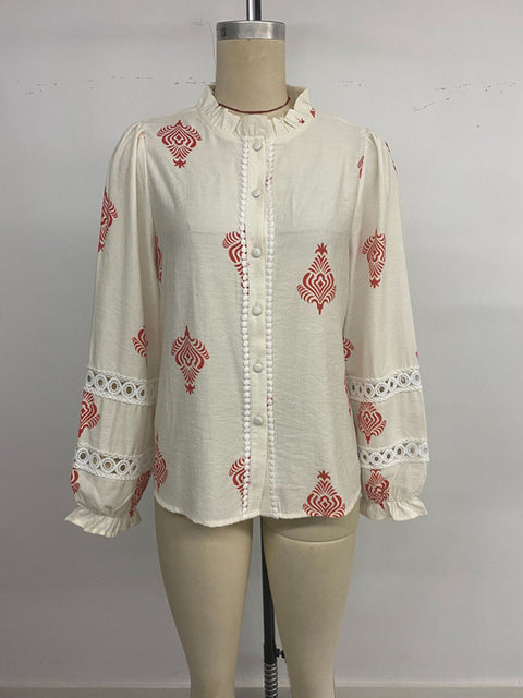 Single-breasted cardigan stand-up collar ethnic print shirt