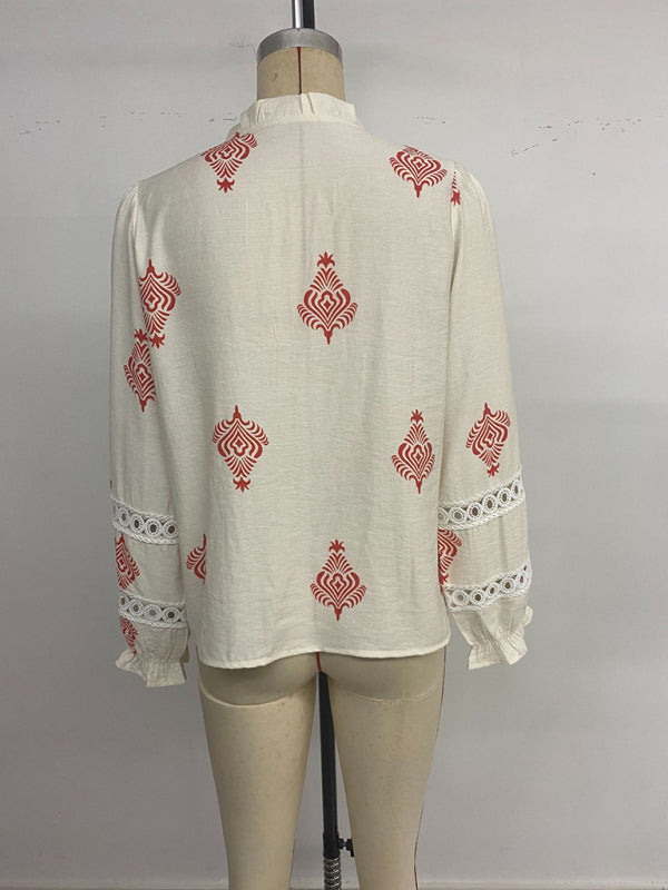 Single-breasted cardigan stand-up collar ethnic print shirt