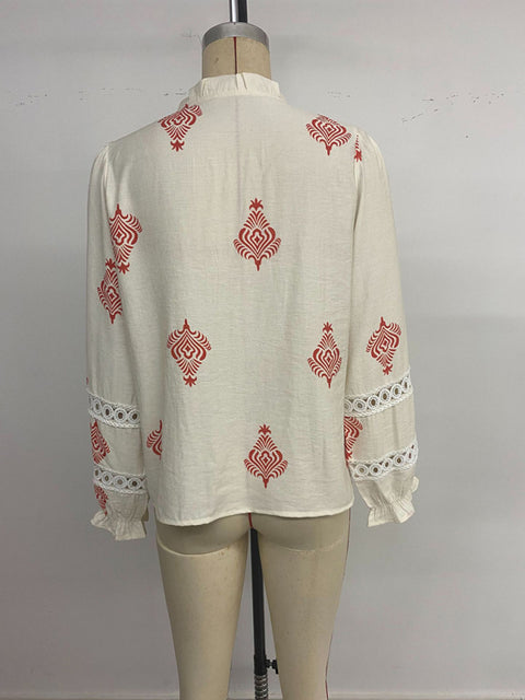 Single-breasted cardigan stand-up collar ethnic print shirt