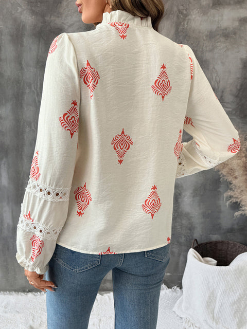 Single-breasted cardigan stand-up collar ethnic print shirt