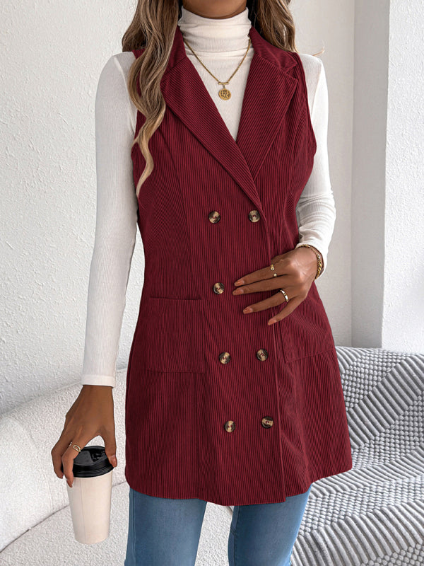 Solid color double-breasted pocket corduroy long vest coat