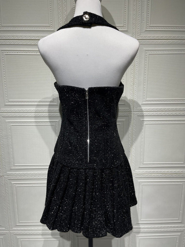 New Adjustable Gold Buckle Halter Neck Braided Pleated Dress