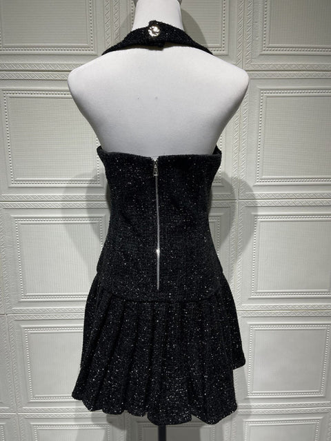 New Adjustable Gold Buckle Halter Neck Braided Pleated Dress