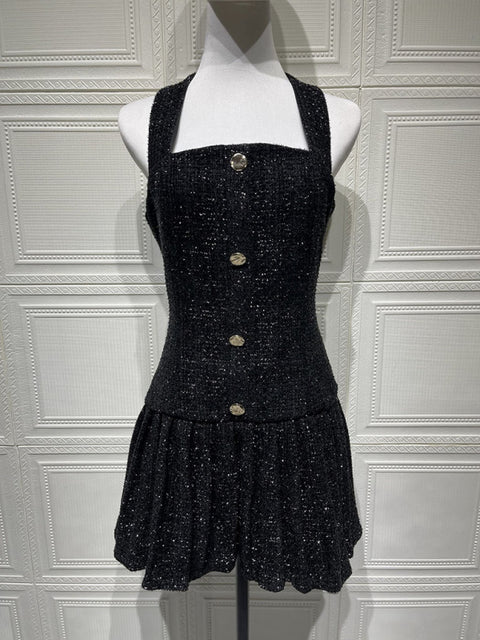 New Adjustable Gold Buckle Halter Neck Braided Pleated Dress