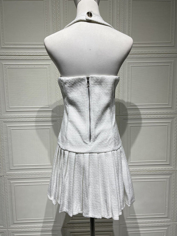 New Adjustable Gold Buckle Halter Neck Braided Pleated Dress
