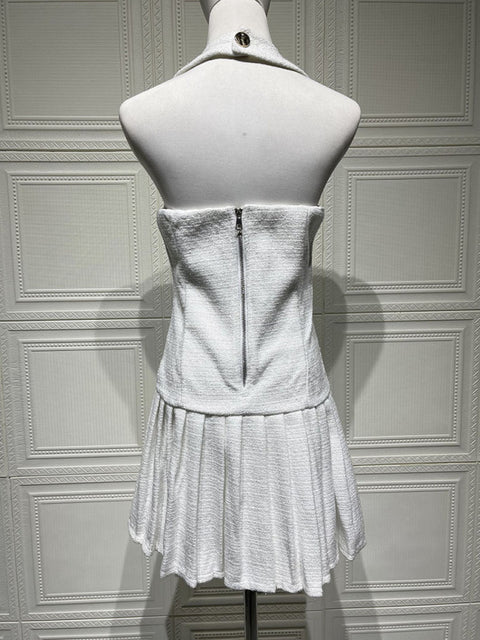 New Adjustable Gold Buckle Halter Neck Braided Pleated Dress