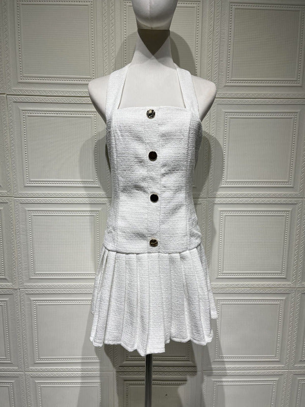New Adjustable Gold Buckle Halter Neck Braided Pleated Dress