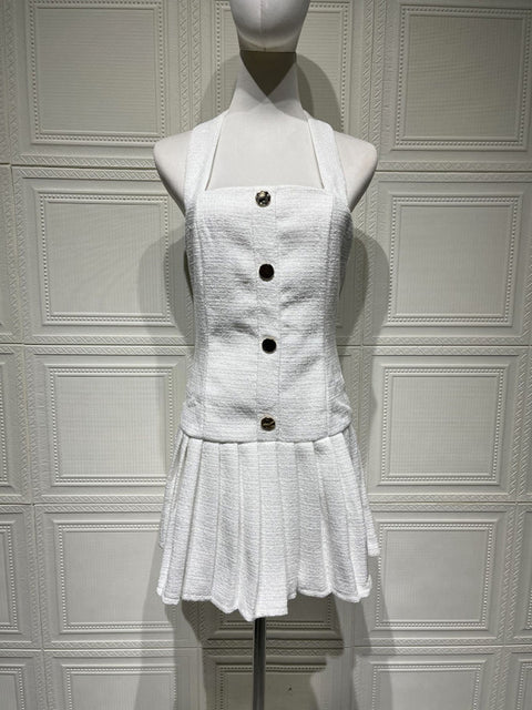 New Adjustable Gold Buckle Halter Neck Braided Pleated Dress