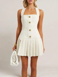 New Adjustable Gold Buckle Halter Neck Braided Pleated Dress