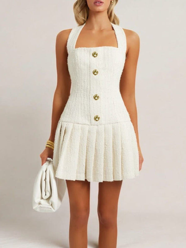 New Adjustable Gold Buckle Halter Neck Braided Pleated Dress