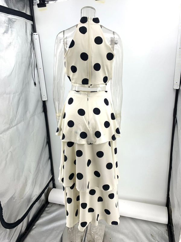 New Polka Dot Print Halter Neck Sleeveless Top Cake Skirt Set