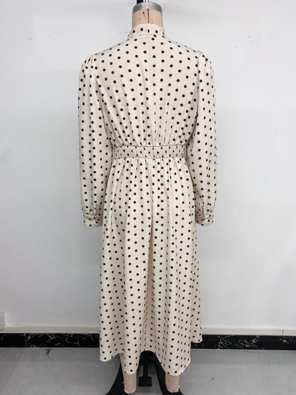 Elegant mid-length skirt with bow tie collar, long sleeves and waist polka dot dress