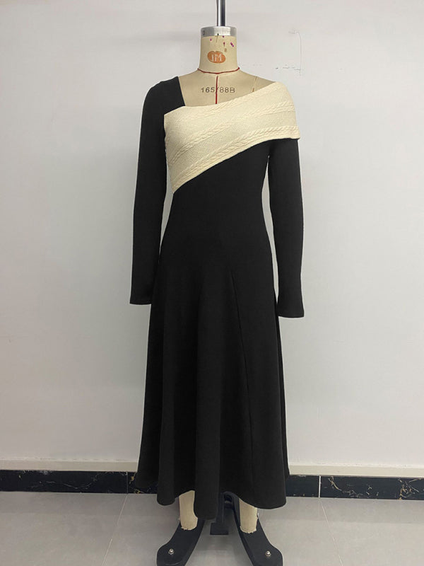 Elegant midi skirt irregular color block long sleeve dress