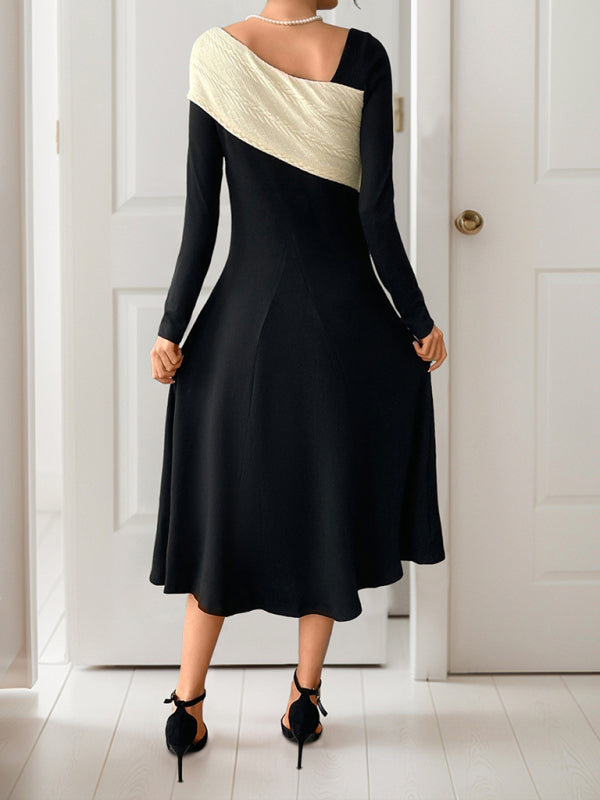 Elegant midi skirt irregular color block long sleeve dress