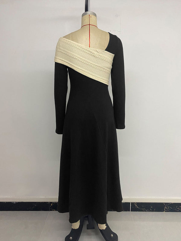Elegant midi skirt irregular color block long sleeve dress