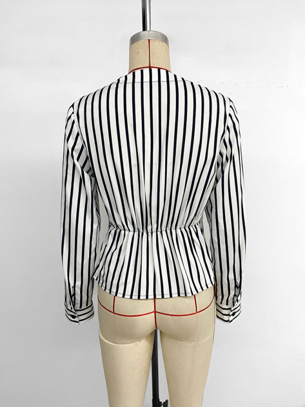 New casual tops long sleeve waist striped splicing V-neck shirt