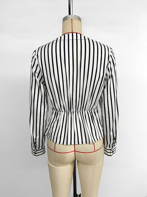 New casual tops long sleeve waist striped splicing V-neck shirt