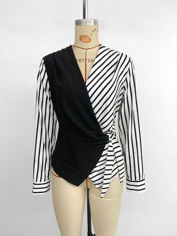 New casual tops long sleeve waist striped splicing V-neck shirt