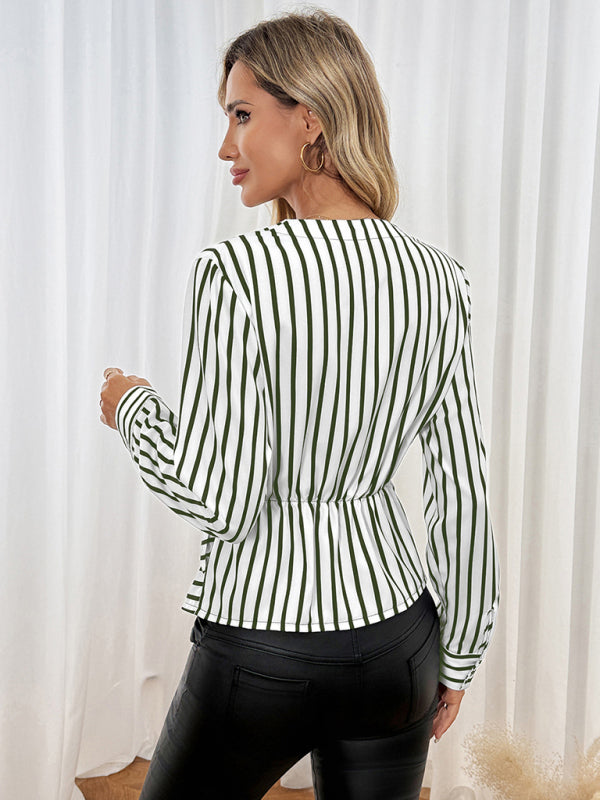 New casual tops long sleeve waist striped splicing V-neck shirt