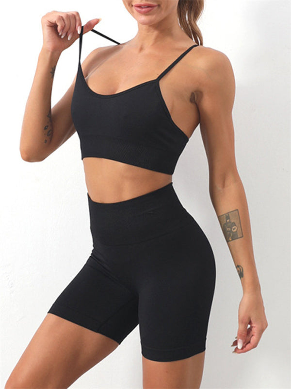 Women's Solid Color Seamless Camisole Yoga Sports Bra + Shorts Two-Piece Set - Rokkaku 18 online shop