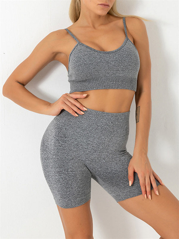 Women's Solid Color Seamless Camisole Yoga Sports Bra + Shorts Two-Piece Set - Rokkaku 18 online shop