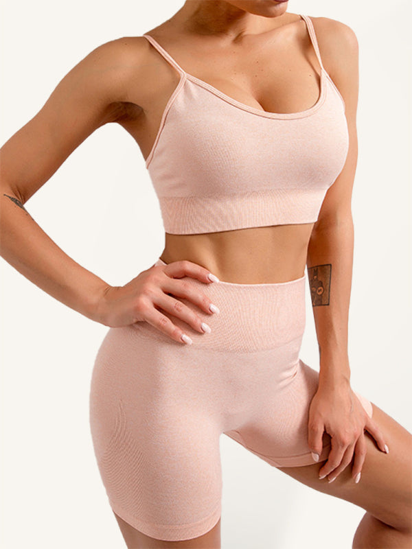 Women's Solid Color Seamless Camisole Yoga Sports Bra + Shorts Two-Piece Set - Rokkaku 18 online shop