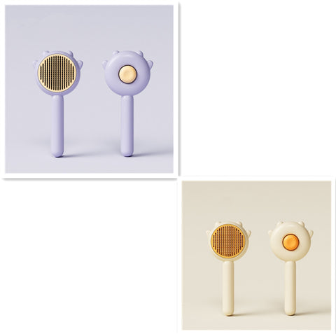 CJ Pet's Collection pet hair removal brush in purple and beige with ergonomic handle and fine bristles