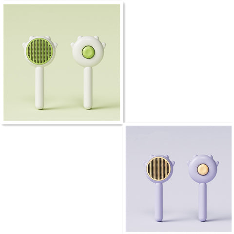 CJ pet hair removal brush in green and purple with ergonomic handle for easy pet grooming