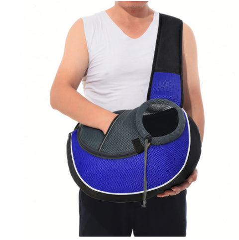 CJ portable pet carrier bag in blue and black mesh worn by person with adjustable shoulder strap