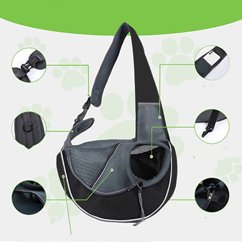 CJ portable pet carrier bag in black and gray with adjustable strap and mesh ventilation