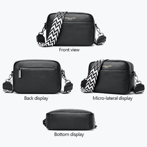 CJ black rhombus embroidered crossbody bag with patterned shoulder strap shown from front back side and bottom views