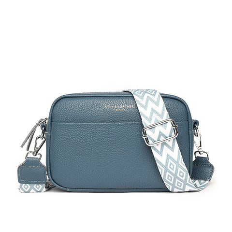 CJ rhombus embroidered crossbody bag in blue with adjustable patterned strap and zip closure